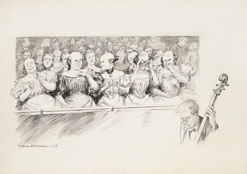 View of an audience at a concert, with one musician in the orchestra pit partially visible.