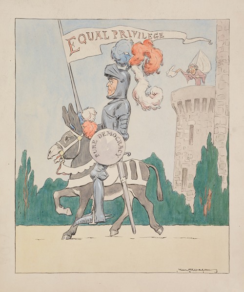 Woodrow Wilson as a medieval knight. His horse is the Democratic Party donkey, his shield is ‘pure democracy’ and his lance is ‘equal privilege.’