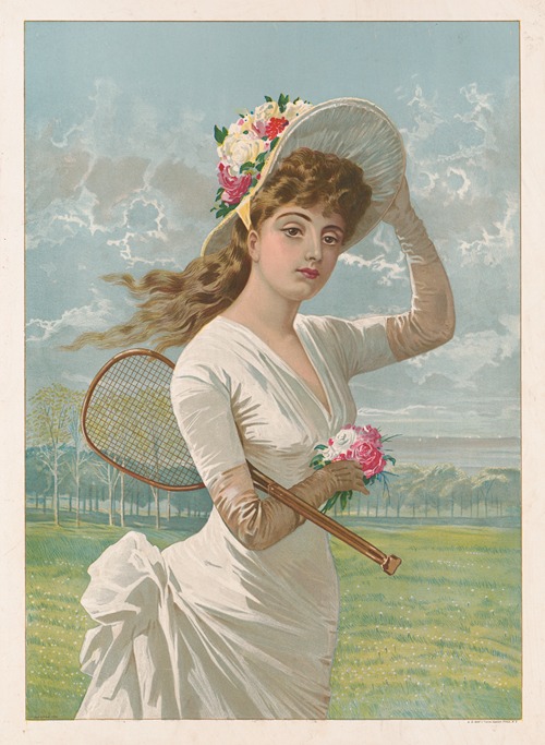 Woman in white dress holding flowers and tennis racket