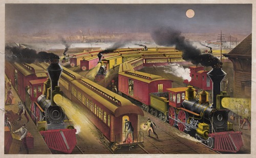 Night scene at an American railway junction; Lightning Express, Flying Mail, and Owl Trains, ‘on time’