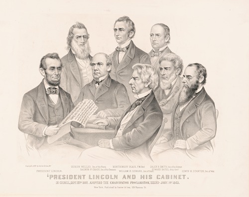President Lincoln and his cabinet; in council, Sept. 22nd 1862. adopting the Emancipation Proclamation, issued Jany. 1st 1863