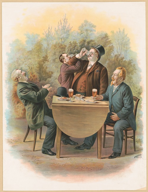 Four gentlemen, sitting at a table in the outdoors, enjoying food and drinks