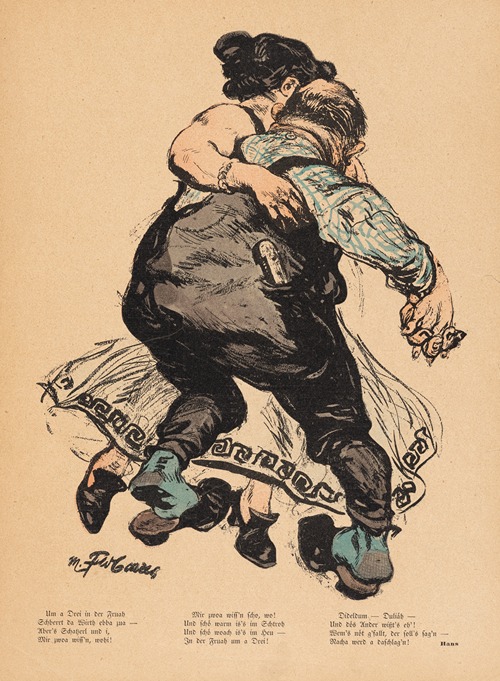 Dancing couple, with poem beginning ‘Um a Drei’; Jugend
