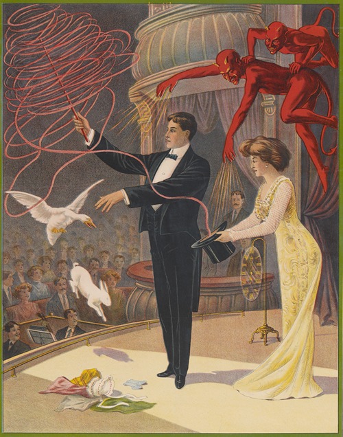 Magician with devils, assistant, goose and rabbit