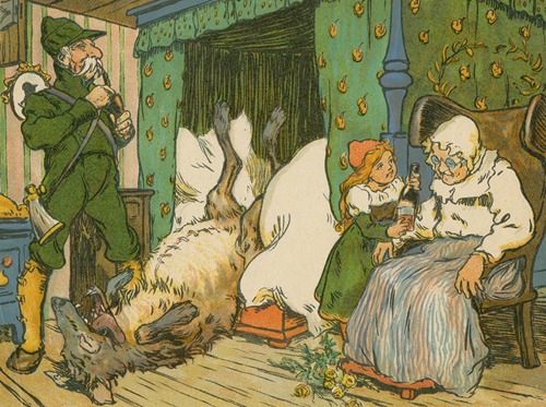 Little Red Riding Hood saved by the huntsman