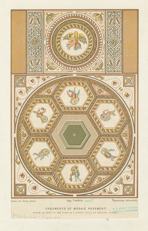Fragments of mosaic pavement found in 1811 in the bath of a Roman villa at Bognor [Bignor], Sussex