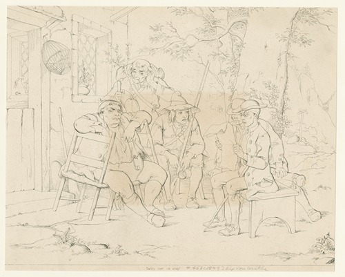 The schoolmaster reads from an old newspaper to the village sages assembled before the inn