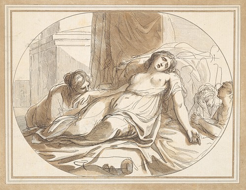 Woman Dying On A Bed, With One Man and Two Women Mourning Her