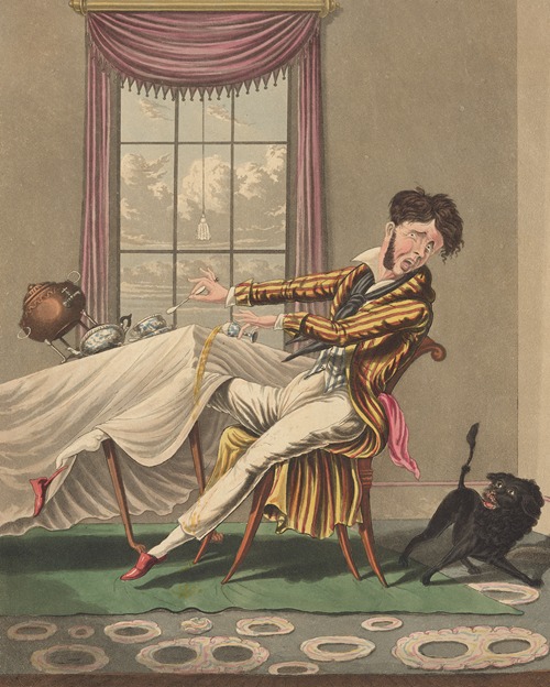 Alarmed man seated at falling table