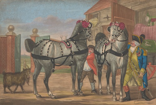 Coachman and stable hand near two coach horses