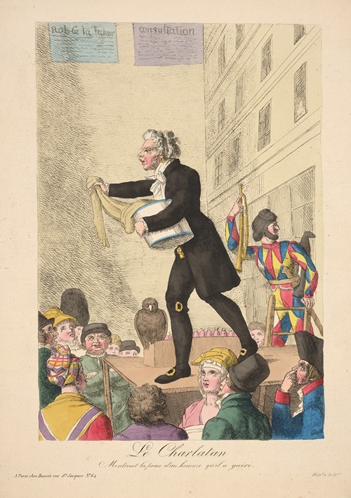 Le charlatan montrant la peau d’un homme qu’il a gueri. (The charlatan showing the skin of a man he healed)