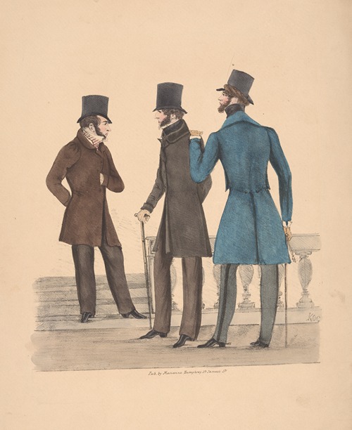 Three gentlemen standing near balustrade and steps