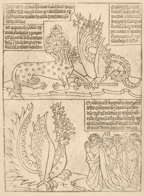 Three scenes with seven-headed dragons, one scene of angels