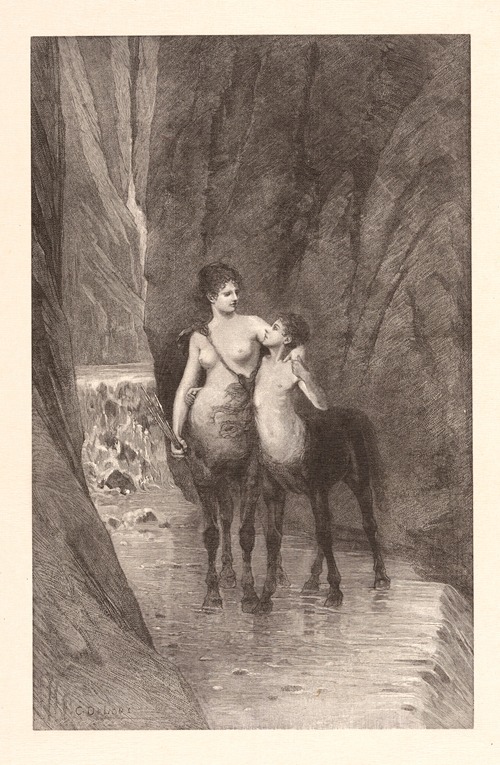 Two centaurs, mother and child, standing in mountain stream
