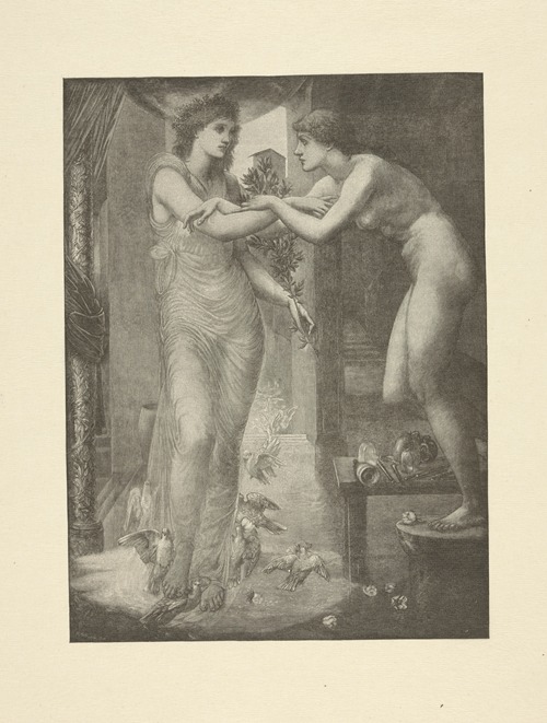 Nude woman stands on stool, arms locked with woman beside her clothed in sheer dress, doves at her feet
