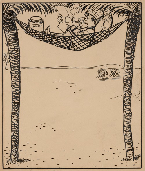 Nine comic strip frames of man dropping molasses and feathers on lions beneath his hammock Pl.1