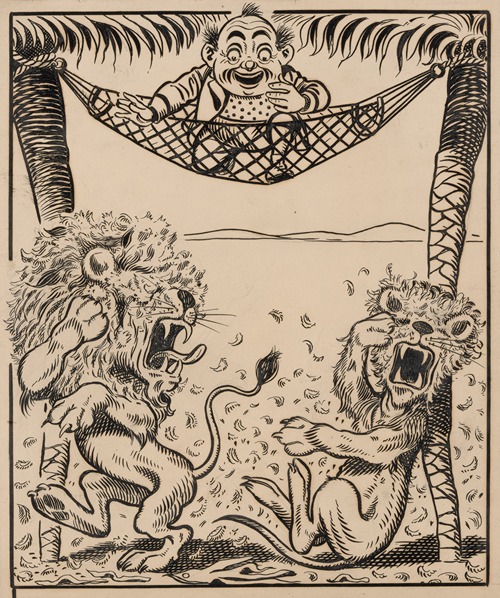 Nine comic strip frames of man dropping molasses and feathers on lions beneath his hammock Pl.8