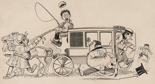 Six comic strip frames of coach driver and mischievous boy Pl.5