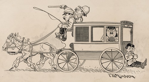 Six comic strip frames of coach driver and mischievous boy Pl.6
