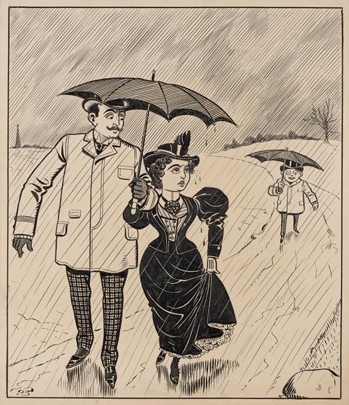 Six comic strip frames of two chivalrous men with woman in rain storm Pl.3