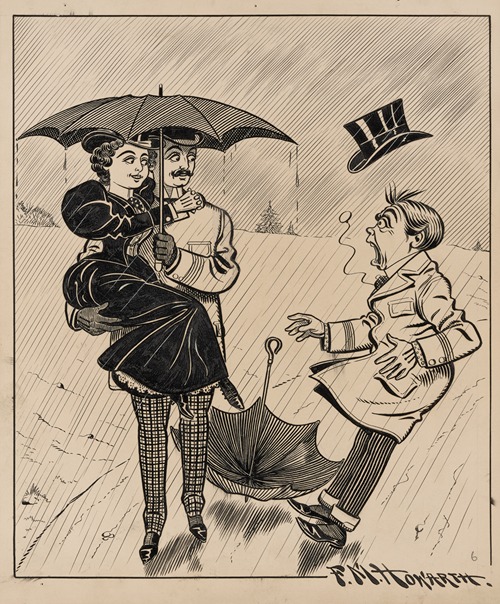 Six comic strip frames of two chivalrous men with woman in rain storm Pl.6