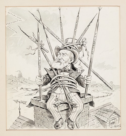 Republican politician James G. Blaine atop chimney with numerous lightening rods attached to him