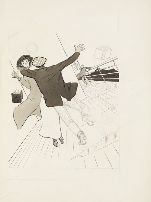 A man and a woman on a ship’s deck run into each other, both dropping a book, as the deck tilts.