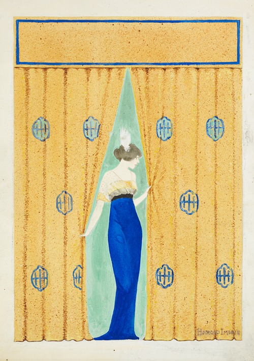 A woman in a fancy dress comes through curtains.