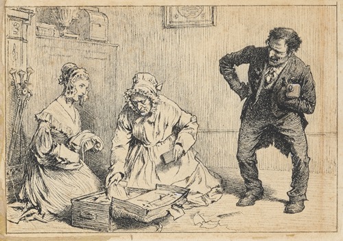 Our Mutual Friend; Two women kneeling before small open trunk, man in dark suit stands watching