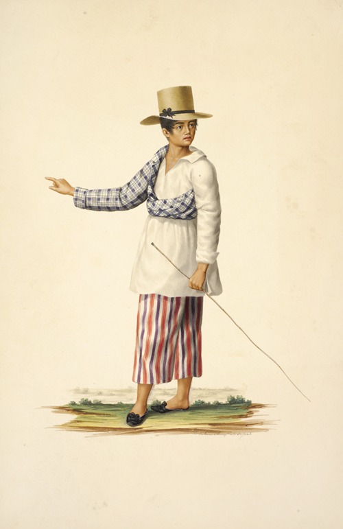 Man in red, white, and blue attire; wearing brimmed tan hat and carrying stick