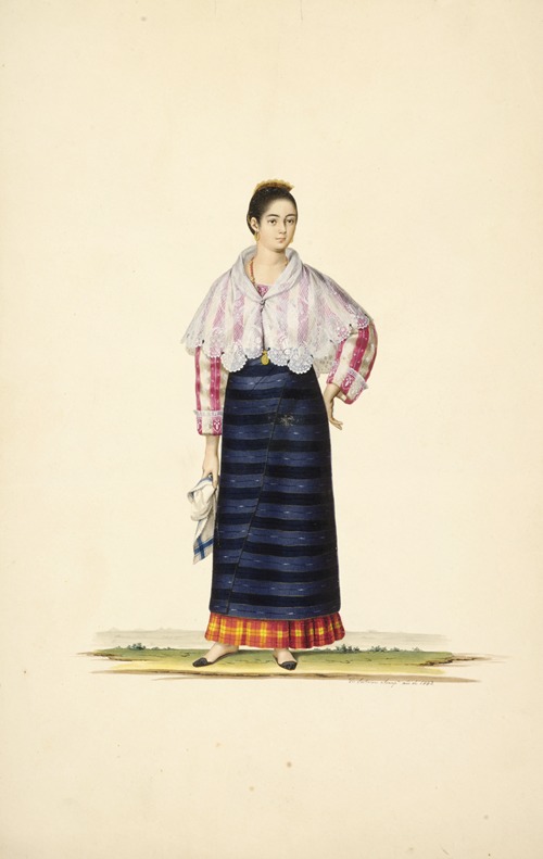 Woman in blue apron, plaid skirt, pink and white striped shirt, white shawl; holding scarf