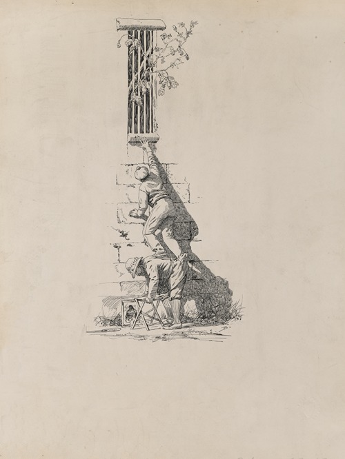 Initial I [man reaching up to window ledge, boosted on another’s back]