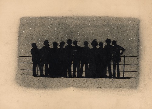 Silhouettes of eleven figures standing by the rail of a ship, looking at the stars
