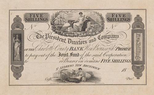 The Charlotte County Bank, St. Andrews, New Brunswick, five shilling note