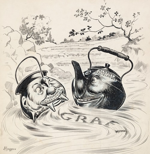 Black kettle labeled ‘Albany Legislature’ and black pot labeled ‘Insurance Corruption’ floating down stream of Graft together.