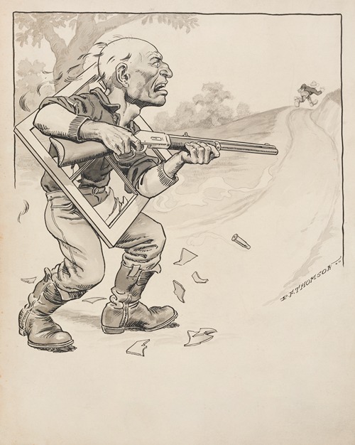 And spittin’ out putty an’ screeches an’ glass, he starts a-shottin’ from where he lights