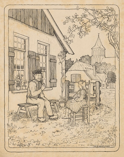 Pipe-smoking Dakhuis sitting in front of his house with Trees