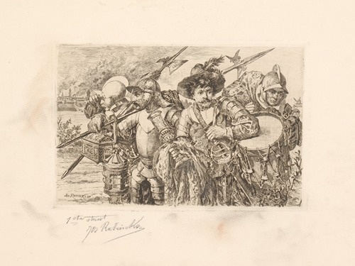 Four men in armor flee from a burning city with treasures