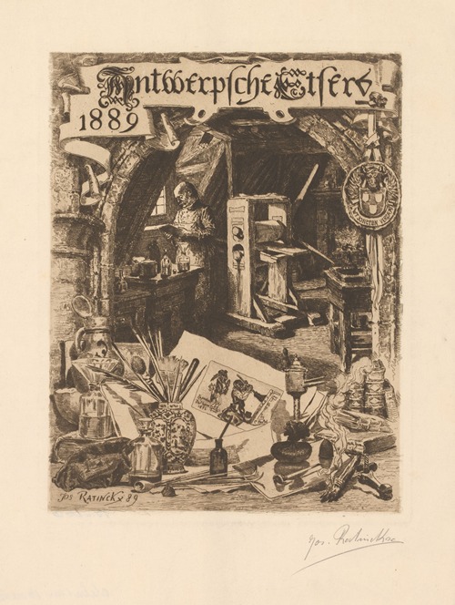 Graphic artist in his workshop with various graphic attributes in the foreground