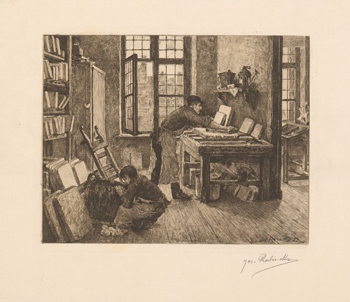 Lithographer at work in his workshop