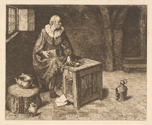 Old man seated on a chest with scales and box