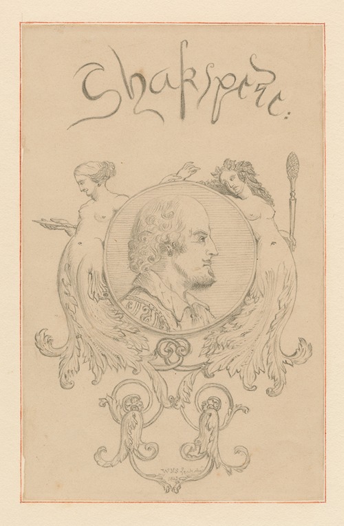Portrait of Shakespeare in an oval frame surrounded by two female figure types