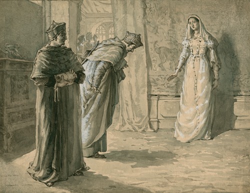 Scene from King Henry VIII, 1, with Queen Katherine, Cardinal Wolsey, and Cardinal Campeius