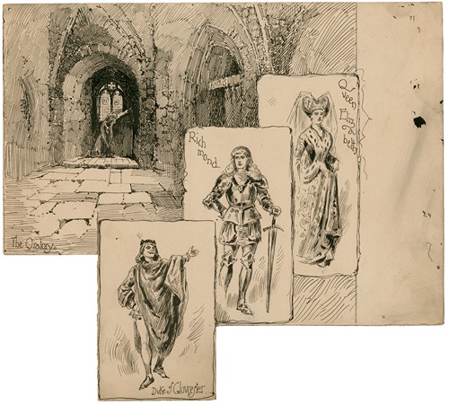 King Richard III, the oratory and three small insets of Queen Elizabeth (Mary Rorke), Richmond, and Duke of Gloucester