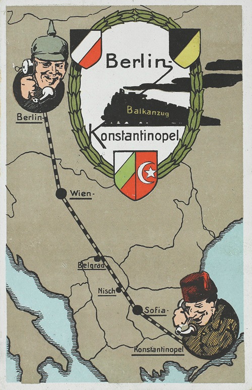 Kriegspostkarte mit humoristischer Darstellung auf dem Balkanzug