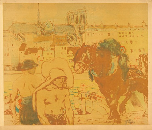 Hafenarbeiter mit Pferd, am Ufer der Seine in Paris