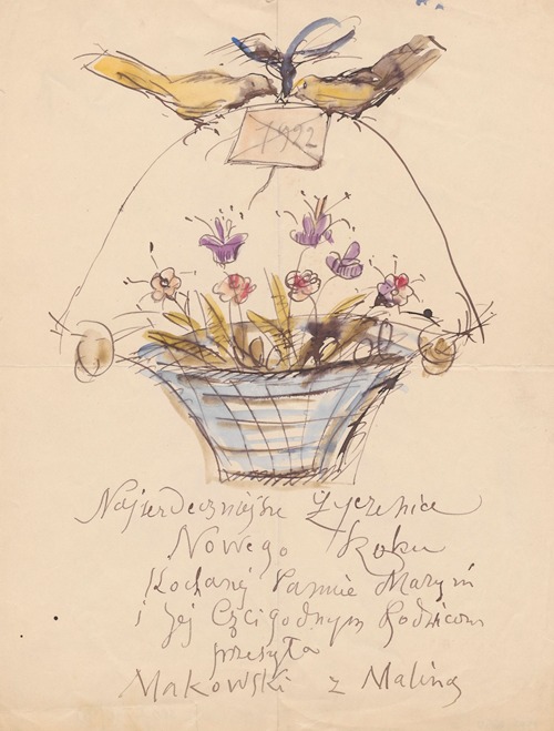 Letter with new year’s wishes for Maria Mickiewiczówna and her parents, with a drawing showing a basket with flowers carried by two little birds