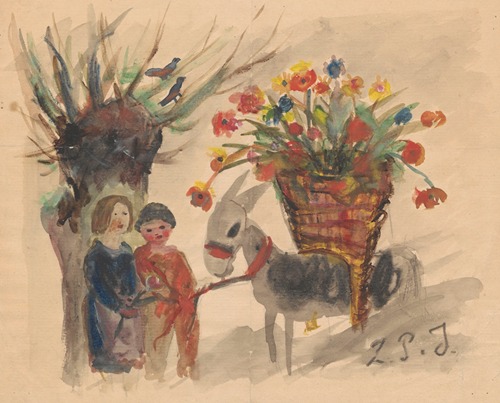 Name day card for Maria Mickiewiczówna with a drawing showing two children leading a donkey with a large basket of flowers on its back