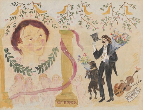 Self-portrait of painter with a bunch of flowers and dog