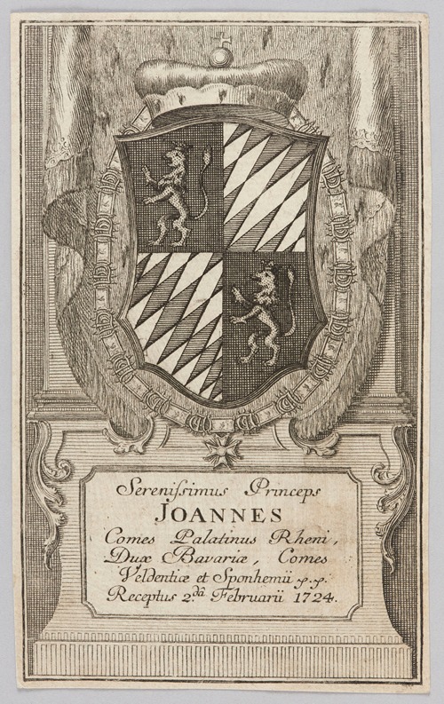 Bookplate; Serenissimus Princeps Joannes Comes Palatinus Rheni, Dux Bavariae, Comes Veldentiae et Sponhemii, Receptus 2. da Februarii 1724